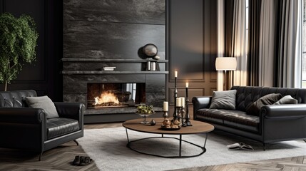  Classic interior design of modern living room with fireplace and black leather sofa