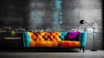 Colorful sofa against of concrete wall with grunge tiled paneling. Loft interior design of modern living room