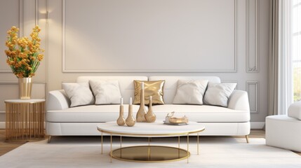 Cozy white sofa and golden coffee table. Interior design of modern luxury living room