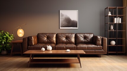  Elegant interior design of modern living room with brown leather sofa