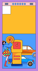 Vector internet operation hand-drawn illustration of people getting discounts for car refueling
