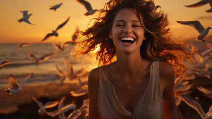 Beautiful girl with a smile on her face on the seashore, a beautiful sunset.