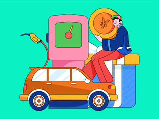 Vector internet operation hand-drawn illustration of people getting discounts for car refueling
