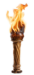 Burning wooden torch. Isolated on a transparent background. - obrazy, fototapety, plakaty