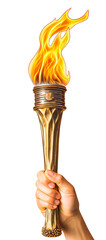 Burning wooden torch in hand. The man is holding a torch. Isolated on a transparent background.