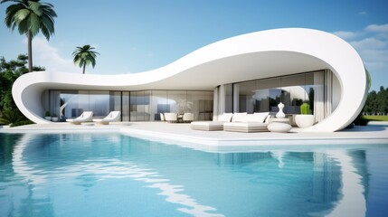  Exterior of modern minimalist white villa with swimming pool. Rich house with round shapes