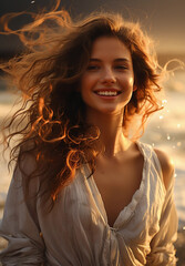 Beautiful girl with a smile on her face on the seashore, a beautiful sunset.