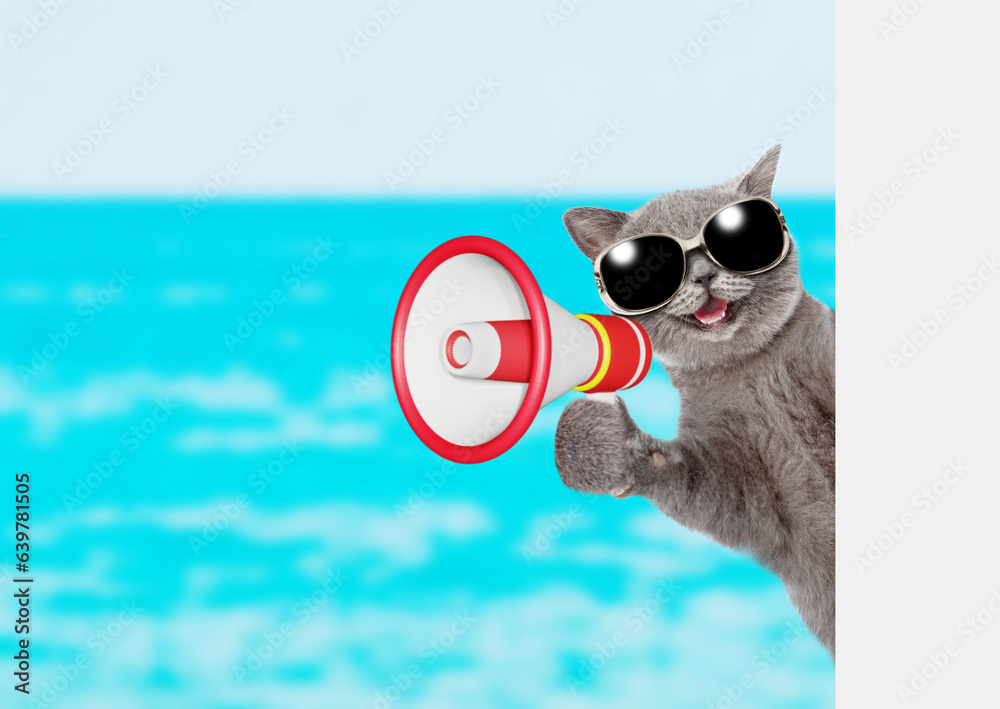 Poster happy cat wearing sunglasses screams into megaphone and looks from behind empty white banner at summ
