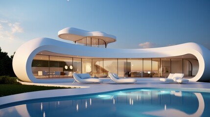Fototapeta premium Exterior of modern minimalist white villa with swimming pool. Rich house with round shapes.