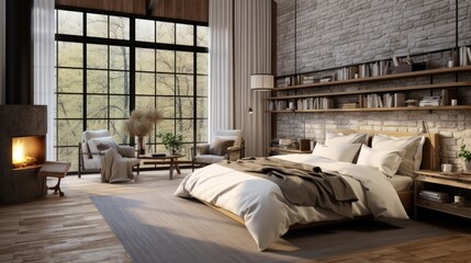 Farmhouse interior design of modern bedroom with hardwood floor. - obrazy, fototapety, plakaty