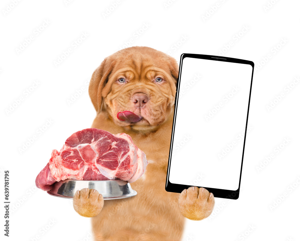 Poster licking lips puppy holding bowl of raw meat and shows empty screen of smartphone. isolated on white 