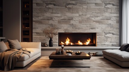 Fireplace decorated with stone tiles in minimalist interior design of modern living room with sofa.