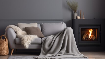 Grey sofa with woven blanket near fireplace. Scandinavian hygge home interior design of modern living room