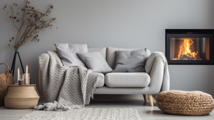 Grey sofa with woven blanket near fireplace. Scandinavian hygge home interior design of modern living room