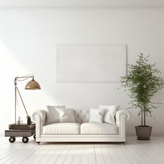 Living room with white coach bright  white background minimal style 
