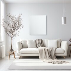 Living room with white coach bright  white background minimal style 