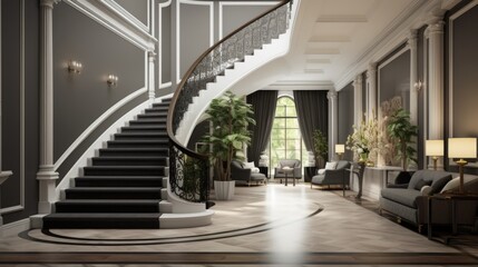  Interior design of modern entrance hall with staircase in villa