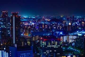 Fototapeta na wymiar A night cityscape by high angle view near Kyocera dome in Osaka 