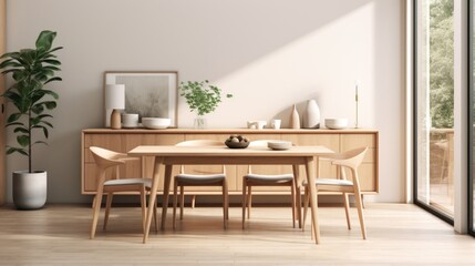 Fototapeta na wymiar Interior design of modern scandinavian dining room with cupboard