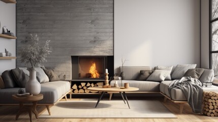 Interior design of scandinavian living room with fireplace and gray sofa - obrazy, fototapety, plakaty