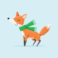 Cute cartoon fox in scarf smiling. Vector illustration.