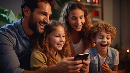 Fototapeta premium Cheerful family, Excited parents looking at mobile screen with kids in living room at home. Generative Ai