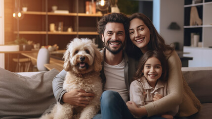 Cheerful family on sofa and puppy in living room at home. Generative Ai - Powered by Adobe