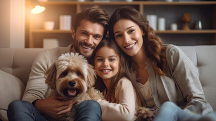 Cheerful family on sofa and puppy in living room at home. Generative Ai