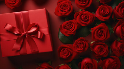 Valentine's Day red background with red petals rose with gift box top view lay flat.