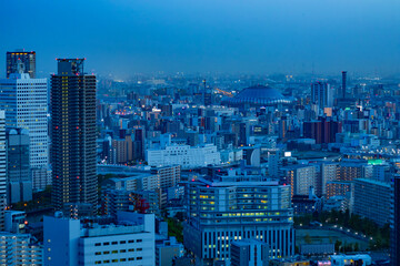 A dusk cityscape by high angle view near Kyocera dome in Osaka 