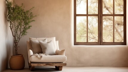 Fototapeta na wymiar Lounge chair against of window near beige stucco wall. Rustic interior design of modern living room in country house