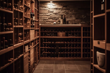 Old cellar with bottles and barrels under restaurant bar making wine. Traditional winemaking and wine tasting, professional degustation, wine lover, sommelier travel concept. Generative AI Technology