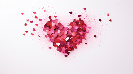 Glitter confetti heart on white copyspace background. Love, anniversary, relationship concept