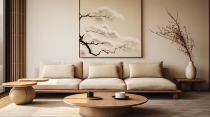 Minimalist japanese style interior design of modern living room with beige sofa and wooden round coffee table