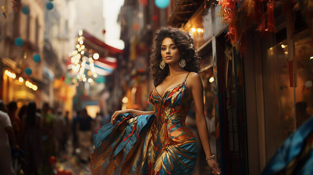 Beautiful girl in a carnival dress on a city street.