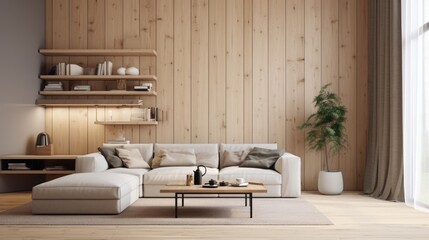 Minimalist scandinavian studio apartment. Interior design of modern living room with wooden paneling wall