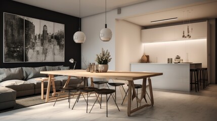 Minimalist studio apartment. Interior design of modern living room with dining table and stools
