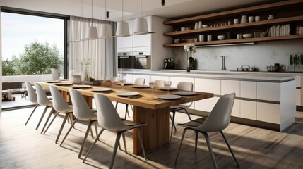 Modern interior design of kitchen with dining table and chairs