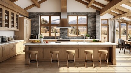 Fototapeta na wymiar Modern interior design of kitchen with island in farmhouse