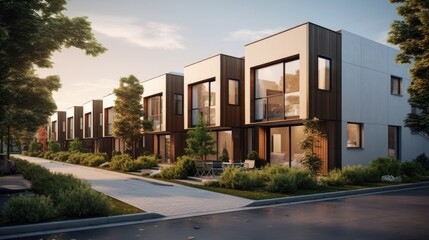 Obraz premium Modern modular private townhouses. Residential minimalist architecture exterior.