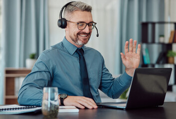 Senior, happy man and call center in virtual meeting, customer service or telemarketing at the...