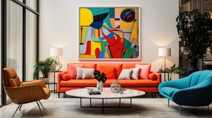 Pop art interior design of modern living room with colorful upholstered mid-century furniture