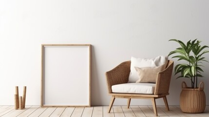 Rattan chair near wooden coffee table against of white wall with blank mock up poster frame. Boho, scandinavian interior design of modern room