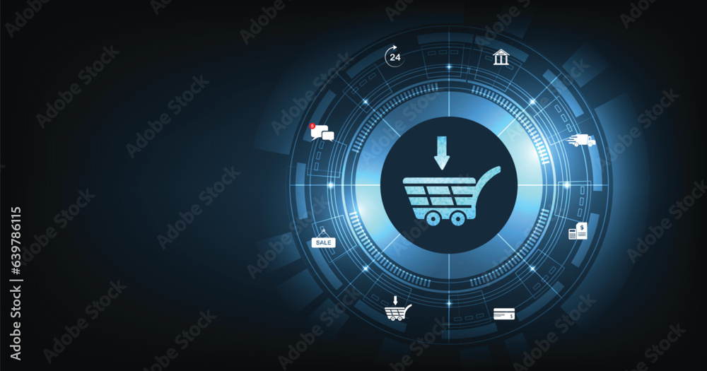 Poster Online business and Internet trading concept. A virtual image cart on a dark blue background conveys purchasing products and services via the Internet.