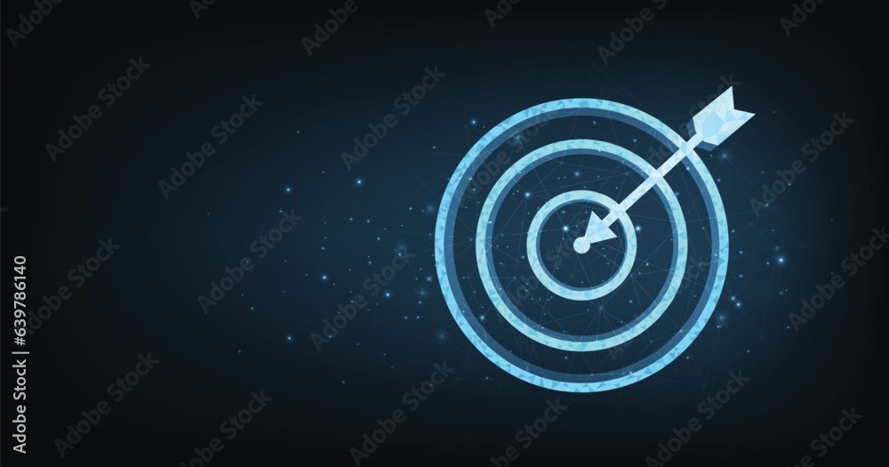 Fototapete Set up objectives and targets for business investment concepts. The blue round-shaped target consisting of polygons with a thin arrow represents of setting goals correctly on a dark background.