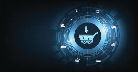Online business and Internet trading concept. A virtual image cart on a dark blue background conveys purchasing products and services via the Internet.