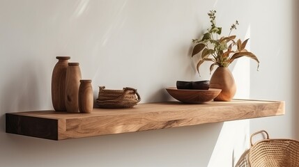 Wood floating shelf on white wall. Storage organisation for home. Interior design of modern living room. Created with Generative AI technology.