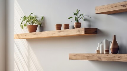 Wood floating shelf on white wall. Storage organisation for home. Interior design of modern living room. Created with Generative AI technology. - obrazy, fototapety, plakaty