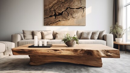 Rustic live edge table and chairs near beige sofa in spacious room. Scandinavian interior design of modern living room.