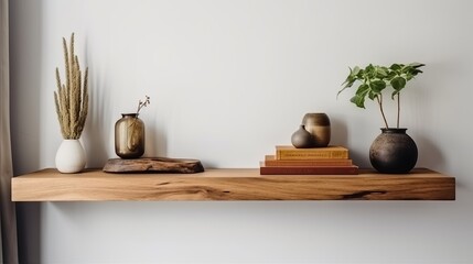 Wood floating shelf on white wall. Storage organisation for home. Interior design of modern living room. Created with Generative AI technology.